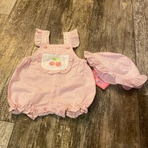 Girls One Piece Summer Outfit Size 3/6 Months Matching Hat New